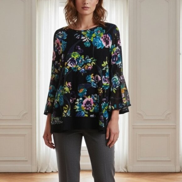 Calessa Black Floral Layer Flared Sleeve  Knit Top  *2X/3X - Picture 1 of 11